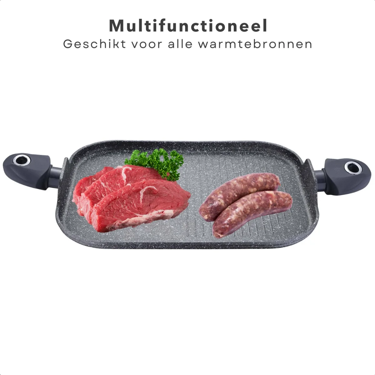 Cheqo® Grill-pan - Geperst Aluminium - 2 Stay-Cool Handvatten - Marmer Coating - Anti-aanbaklaag - Inductie-geschikt - 35.5x28.2x1.3cm - Voor Alle Warmtebronnen - Bakpan - Afbeelding 5
