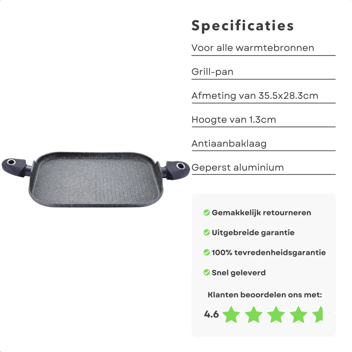 Cheqo® Grill-pan - Geperst Aluminium - 2 Stay-Cool Handvatten - Marmer Coating - Anti-aanbaklaag - Inductie-geschikt - 35.5x28.2x1.3cm - Voor Alle Warmtebronnen - Bakpan - Afbeelding 3