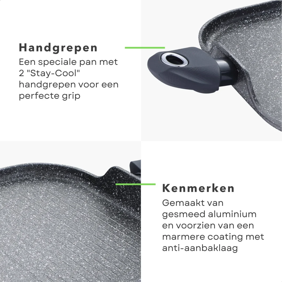 Cheqo® Grill-pan - Geperst Aluminium - 2 Stay-Cool Handvatten - Marmer Coating - Anti-aanbaklaag - Inductie-geschikt - 35.5x28.2x1.3cm - Voor Alle Warmtebronnen - Bakpan - Afbeelding 4
