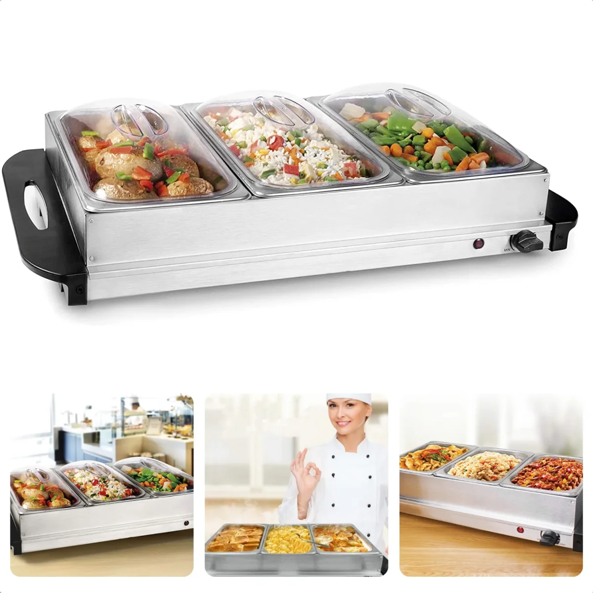Cheqo® Buffetwarmer - Warmhoudplaat - Voedesel Warmhouden - Voedsel Verwarmer - Warmhoudbakken - 300W - 3 Bakken - 2L - Traploos Instelbaar - Oververhittings-beveiliging - 53x35cm