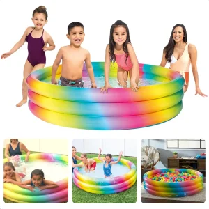 Cheqo® Zwembad Regenboog - Opblaaszwembad - Opblaasbaar Zwembad - Ballenbak - Kinderbad - Ø147cm - 3-rings - Hoogte 33cm - Watercapaciteit 330 liter - Regenboog Kleuren