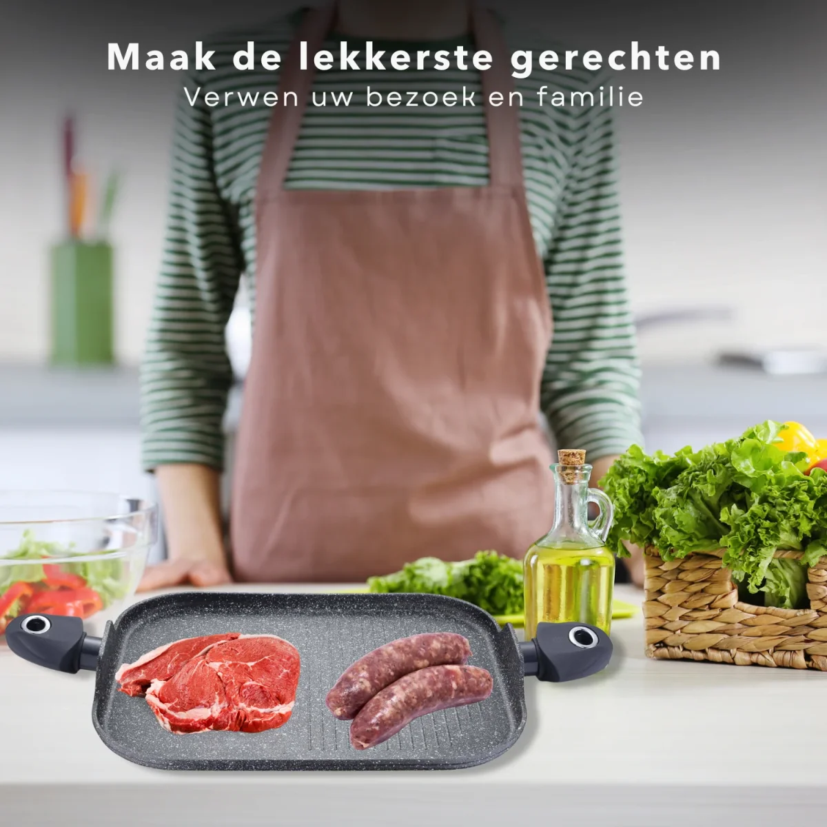 Cheqo® Grill-pan - Geperst Aluminium - 2 Stay-Cool Handvatten - Marmer Coating - Anti-aanbaklaag - Inductie-geschikt - 35.5x28.2x1.3cm - Voor Alle Warmtebronnen - Bakpan - Afbeelding 6