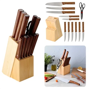 Cheqo® Messenblok - Messenset met Blok - 11 Messen + 1 Schaar - Roestvrijstaal - Chefmes - Vleesmes - Broodmes - Multifunctioneel Mes - Schilmes- Steakmessen - Keukenschaar - Houten Blok