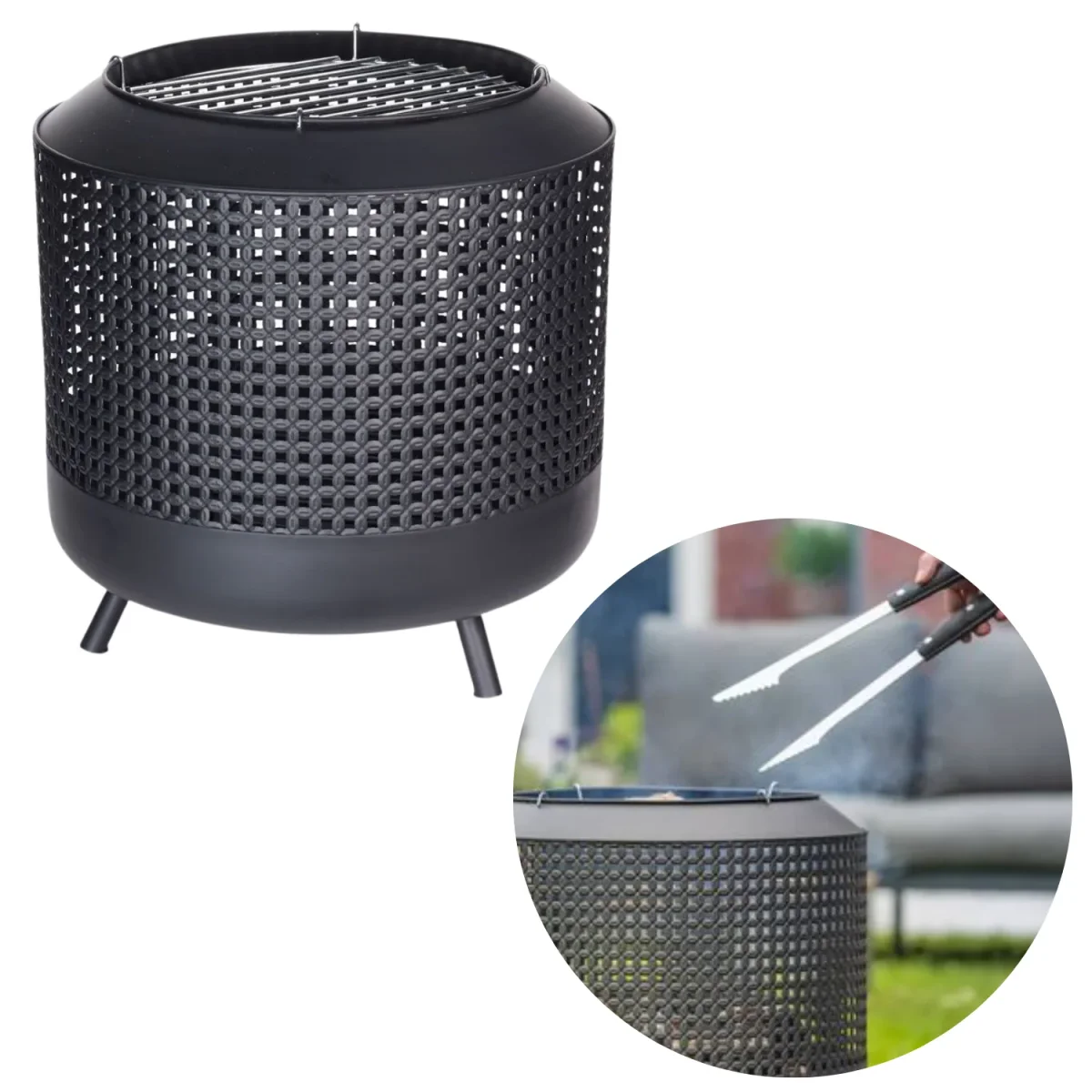 Cheqo® 2-in-1 Vuurkorf met BBQ Rooster - Barbecue - Terrashaard - Houtkachel - Tuinhaard - Terrasverwarming - Vuurkorf - Zwart - Inclusief Rooster - 51cm Hoog - 50cm Diameter