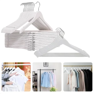 Cheqo® Houten Kledinghangers - Kleerhangers - Set van 24 Stuks - Antislip Broeklat - 360 Graden Draaibare Haak - Wit
