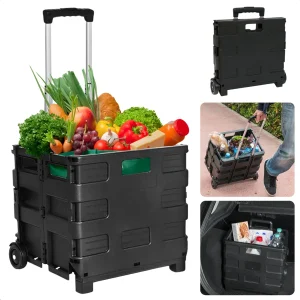 Cheqo® Opvouwbare XL Krat met Trolley - Vouwkrat - Boodschappenkrat met Wielen - Vouwkrat op Wielen - 30 Liter - Inklapbare Boodschappenwagen