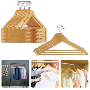 Cheqo® Houten Kledinghangers - Kleerhangers - Set van 24 - Natuurlijke Houttint - Met Broeklat en Inkeping