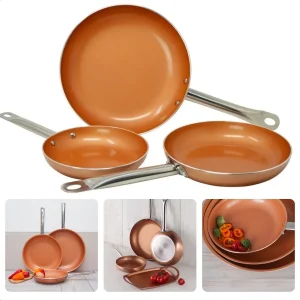 Cheqo® 3-delige Koperen Koekenpannen Set - Gesmeed Aluminium - Non-stick Coating - Alle Warmtebronnen - Inductie Geschikt - RVS Handgrepen - Koekenpan Set - Pannenset