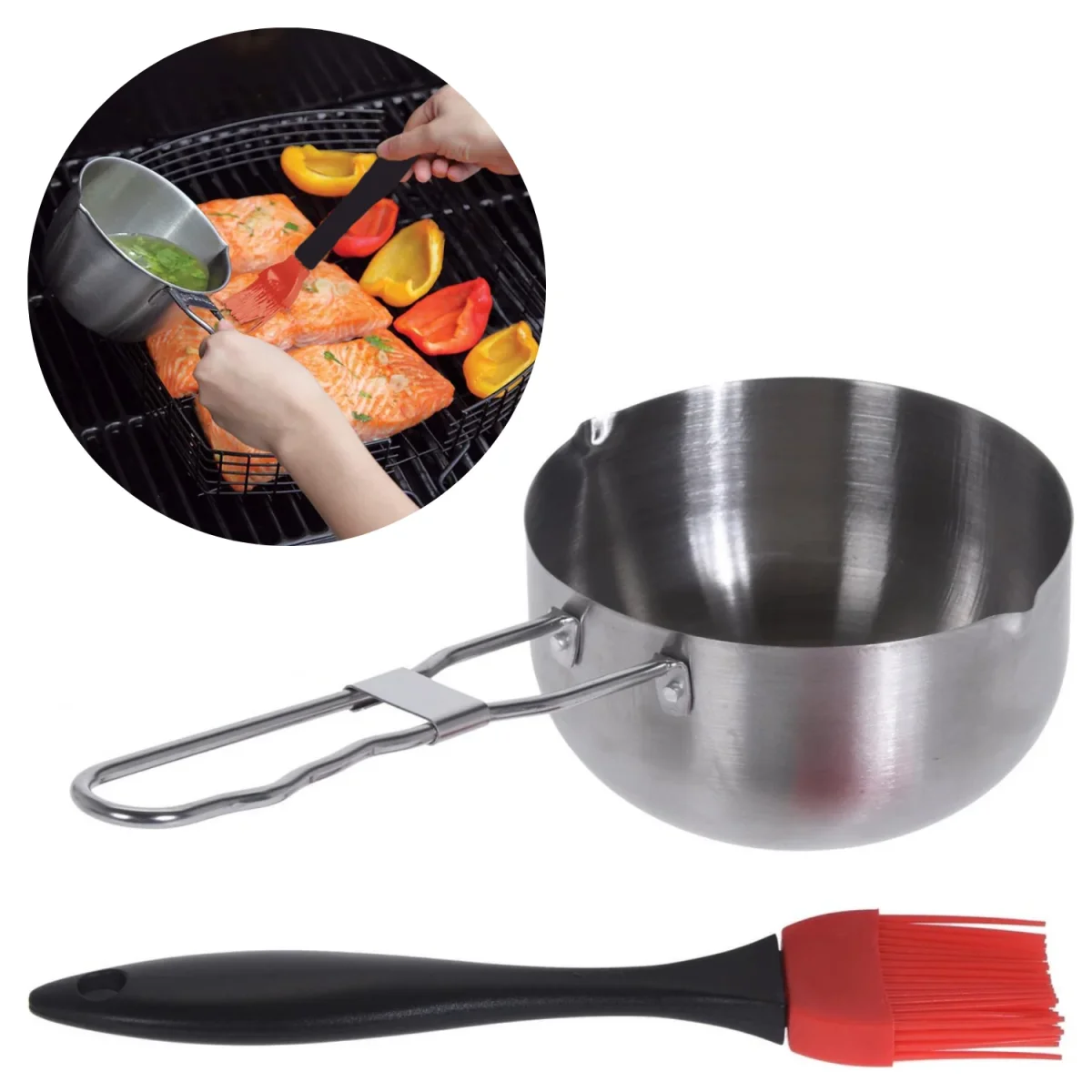 Cheqo® RVS BBQ Sauspan - Sauspan voor Barbecue - Steelpan met Kwast - ø11.5cm - Siliconen Kwast - Afbeelding 2