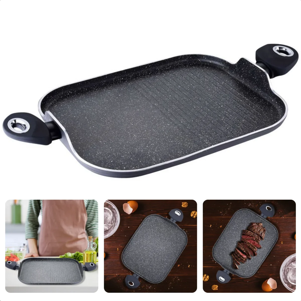 Cheqo® Grill-pan - Geperst Aluminium - 2 Stay-Cool Handvatten - Marmer Coating - Anti-aanbaklaag - Inductie-geschikt - 35.5x28.2x1.3cm - Voor Alle Warmtebronnen - Bakpan