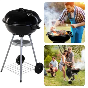 Cheqo® Kogelbarbecue - Ø46 cm - Ronde Metalen BBQ - Voor Houtskool & Briketten - 2 Grote Wielen - Verchroomd Voorraadschap - Kookhoogte 78cm - Opvangplaat - Gewicht 5kg - GS/TÜV Keuring - Barbecue