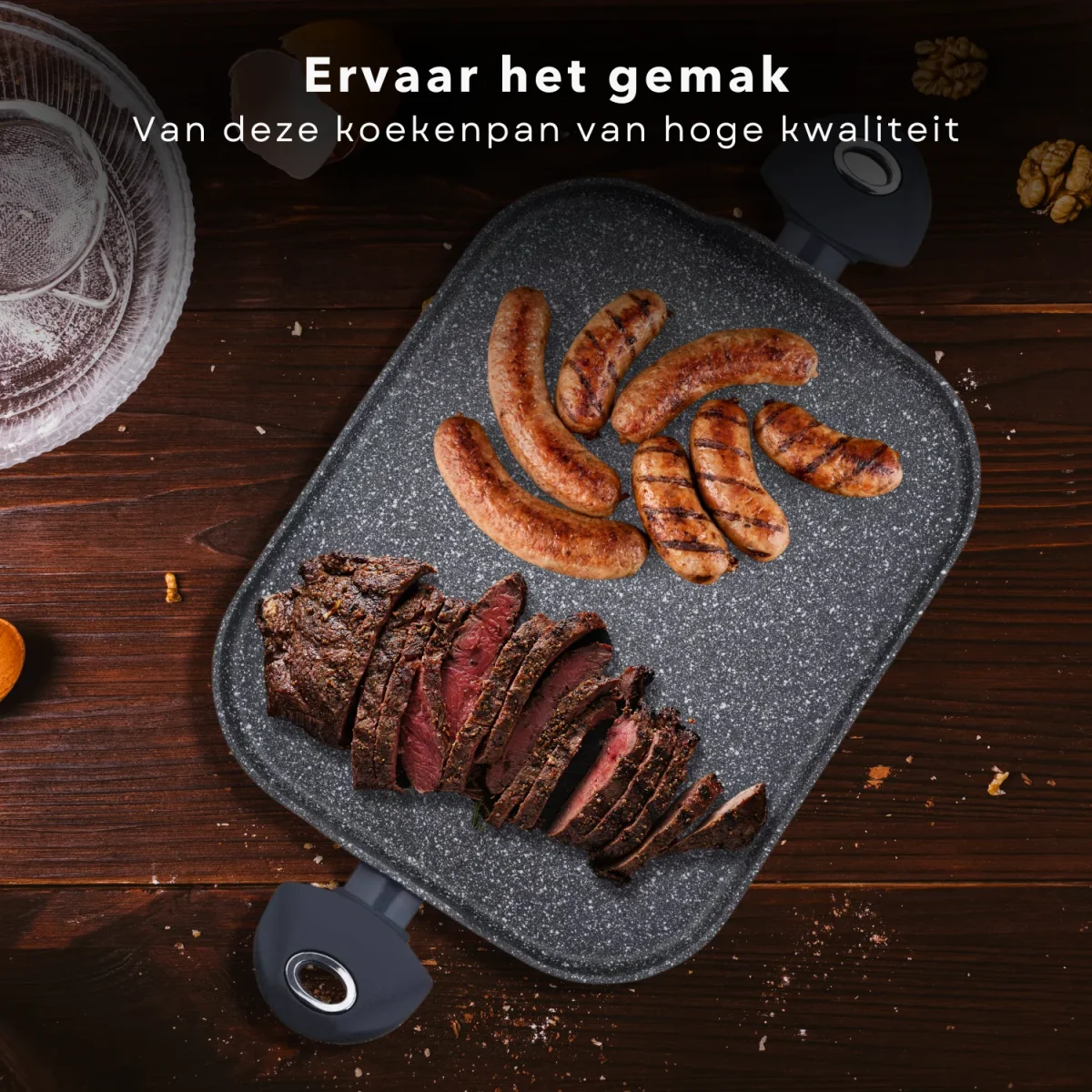 Cheqo® Grill-pan - Geperst Aluminium - 2 Stay-Cool Handvatten - Marmer Coating - Anti-aanbaklaag - Inductie-geschikt - 35.5x28.2x1.3cm - Voor Alle Warmtebronnen - Bakpan - Afbeelding 7