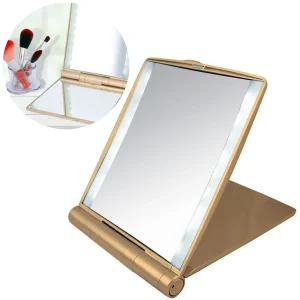 Cheqo® Make-Up Spiegel met LED Verlichting - Verlichte Spiegel met LED-backlight - 3x Vergroting - 15x13.5cm - Goud met Wit - Op Batterijen