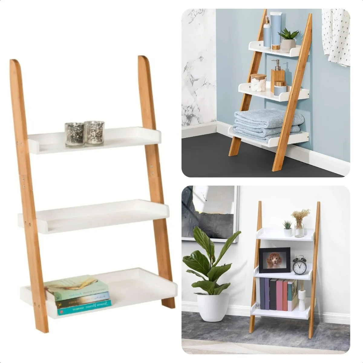 Cheqo® Bamboe Wandrek met 3 Schappen - 54x35x78cm - Wit Gelakt MDF - 25/30/35cm Diepte - 6kg - Afbeelding 2