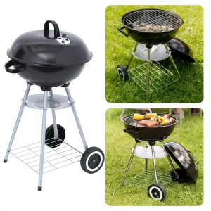 Cheqo® Kogelbarbecue op Wielen - Barbecue - BBQ - Kogelgrill - Houtskoolbarbecue - 46cm Diameter - 78cm Hoogte - 70cm Kookhoogte - Gepoedercoat - Verrijdbaar - Met Voorraadrek - Handgreep - Zwart