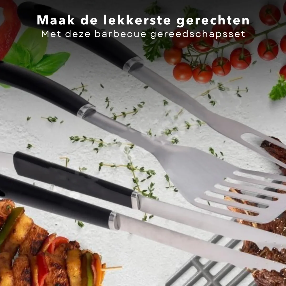 Cheqo® BBQ Gereedschapset - Barbecueset - BBQ Grill Accessoires Set - Tang, Spatel & Vork - BBQ Tang - BBQ Spatel - BBQ Vork - Gemaakt van RVS - 395mm, 425mm & 420mm - Afbeelding 7