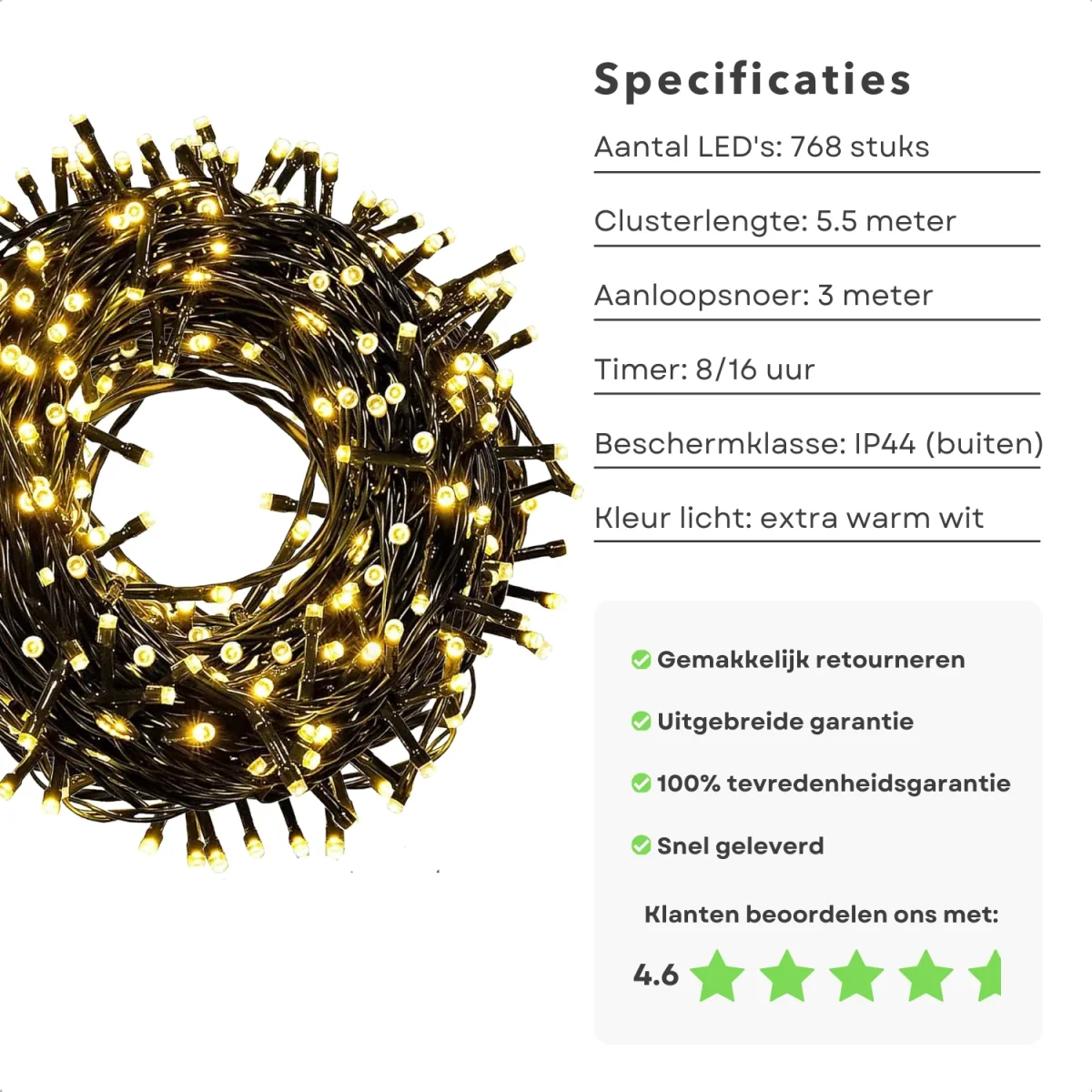 Cheqo® Clusterverlichting LED - Kerstboomverlichting - Kerstverlichting - Kerstlampjes - 768 Lampjes - 5.5M - Extra Warm Wit - Timer & Lichtfuncties - Afbeelding 3