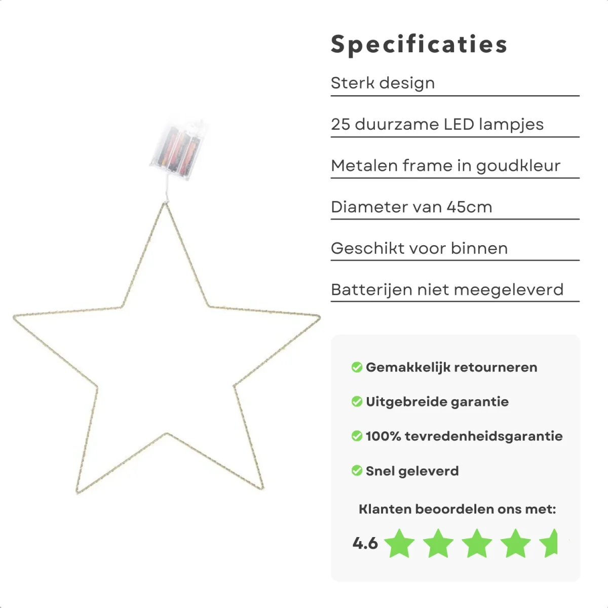 Cheqo® Kerstverlichting Ster - Kerstdecoratie - Kerstversiering - Kerstlampjes - Kerstster - 25 LEDs - Warm Wit - 45cm - Afbeelding 3