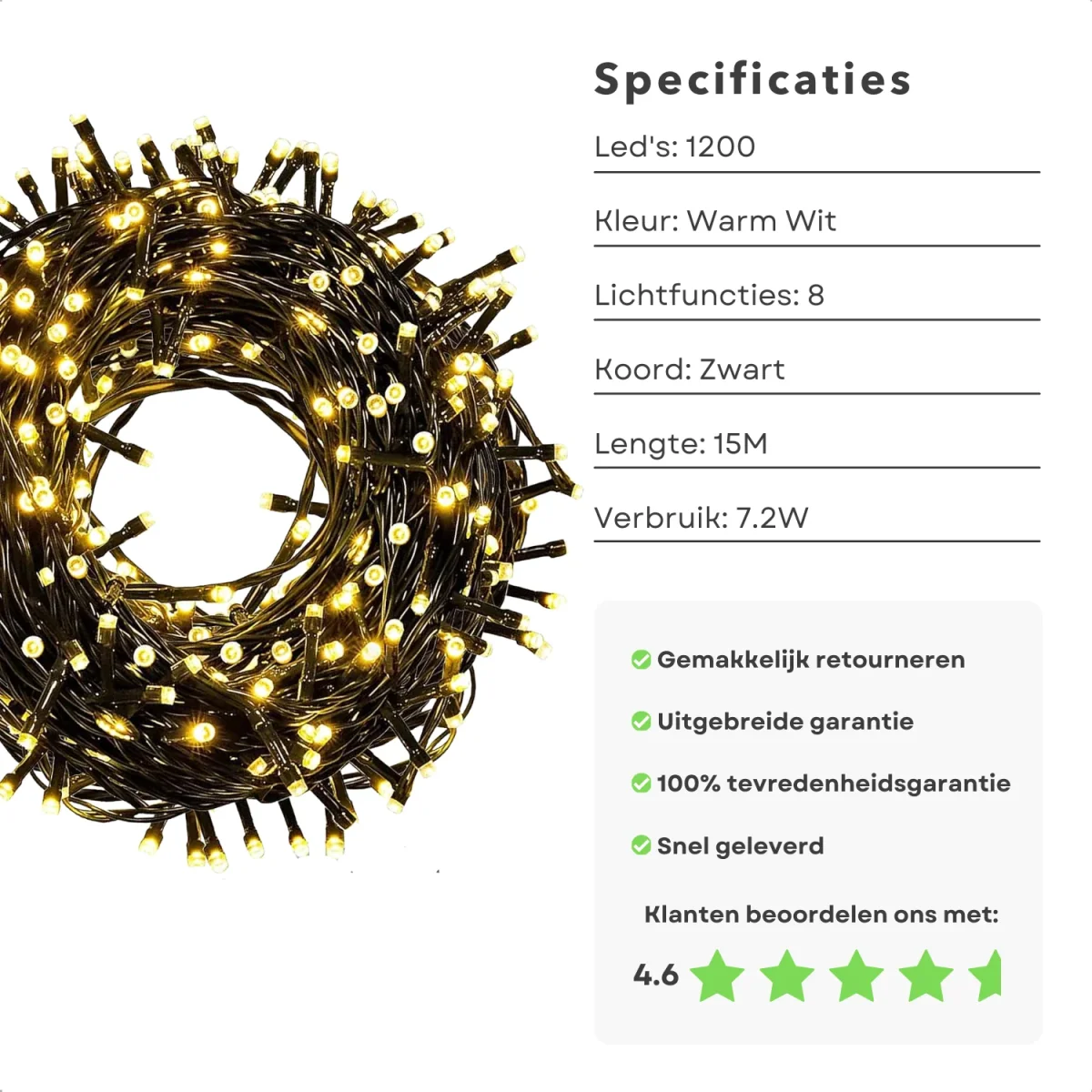 Cheqo® Kerstverlichting - Kerstboomverlichting - Kerstlampjes - 1200 LED - 18M - Voor Binnen en Buiten - Timer - 8 Lichtfuncties - Lang Snoer - Extra Warm Wit - Cluster Kerstverlichting - Sfeerverlichting - Feestverlichting - Afbeelding 3