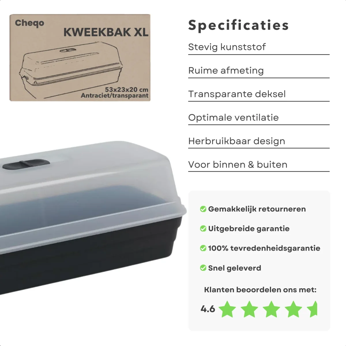 Cheqo® Kweekbak Antraciet Transparant - Kweekkast - Moestuinbak - Moestuin - Voor Binnen en Buiten - Met Deksel - Afbeelding 3