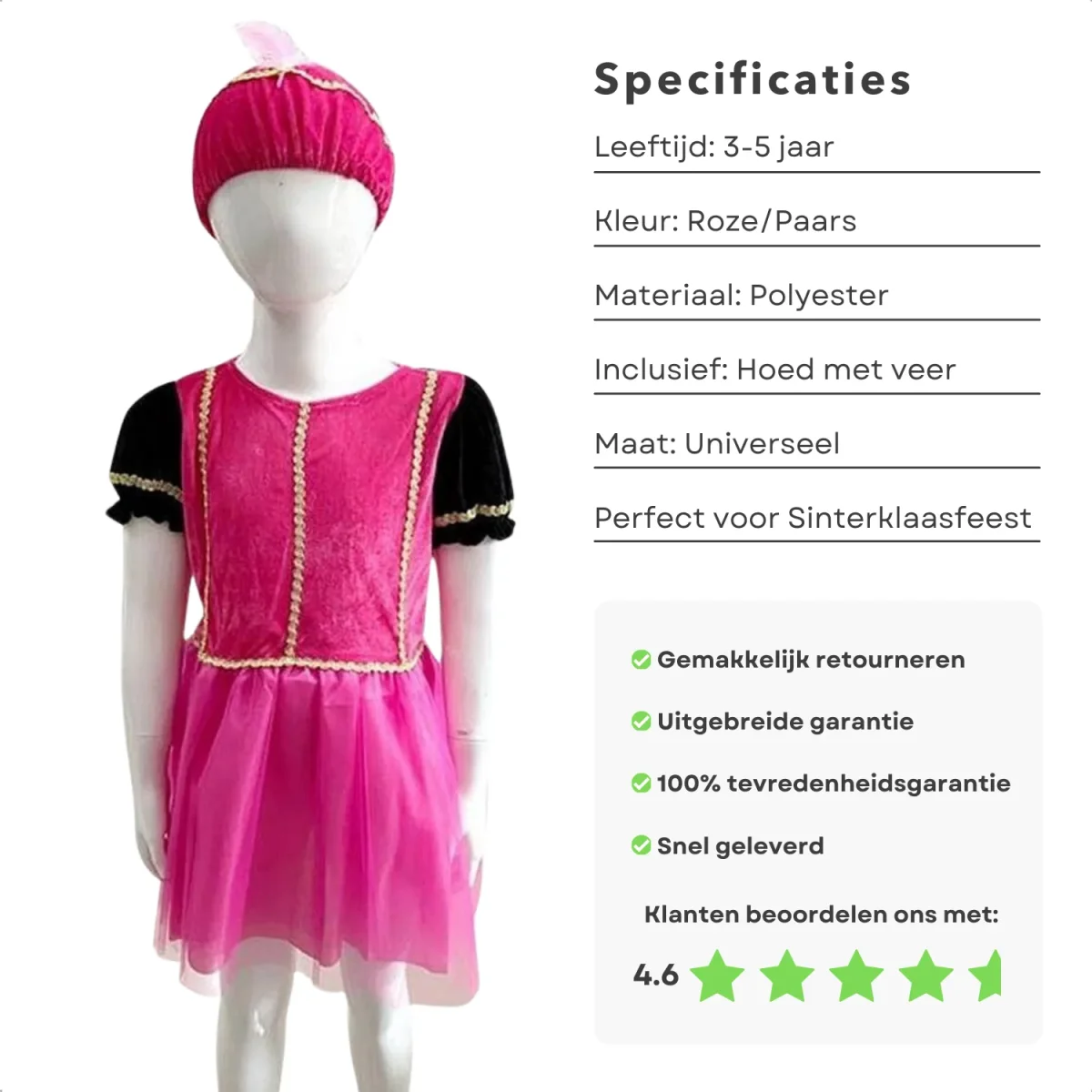 Cheqo® Pietenpak met Pietenjurk - Pieten Pak - Roze Paars Kostuum - Verkleedkleding 3-5 Jaar - Perfect voor Sinterklaas - Afbeelding 3