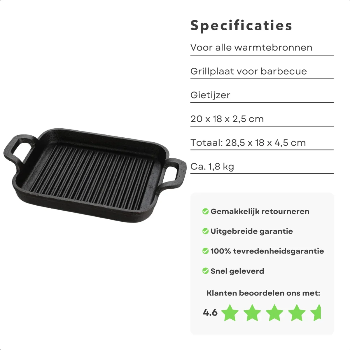 Cheqo® Barbecue Grillplaat - Gietijzer - 20x18x2,5cm - Ideaal voor BBQ - Duurzaam en Sterk - Groenten - Vlees - Vis - Betrouwbare keuze - Met Handvatten - 28,5x18x4,5cm - 1,8kg - Voor Thuis - Voor op De Camping - Grillpan - Anti-Aanbaklaag - Afbeelding 3
