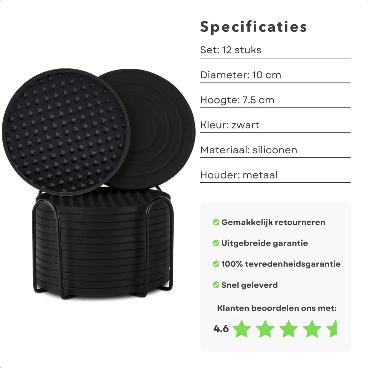 Cheqo® Siliconen Onderzetters met Houder - Anti-Slip Set van 12 - Met Houder - Waterbestendig - Onderzetters voor Glazen - 10 cm - Afbeelding 3