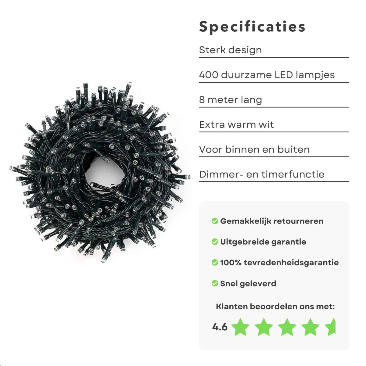 Cheqo® Kerstboomverlichting - Micro Clusterverlichting - Kerstlampjes - Led Verlichting - Kerstverlichting voor Binnen en Buiten - 400 LED - 8m - Met Timer en dimmer - Extra Warm Wit - Afbeelding 3