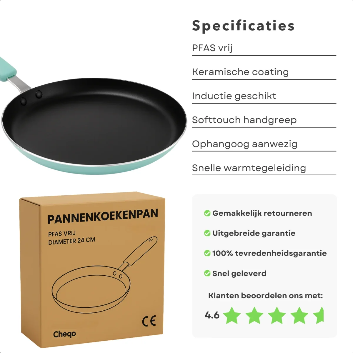 Cheqo® Pannenkoekenpan 24 cm - Koekenpan - Pan - Pan voor Pannenkoeken - PFAS Vrij - Keramisch - Inductie Geschikt - Aluminium - Afbeelding 3