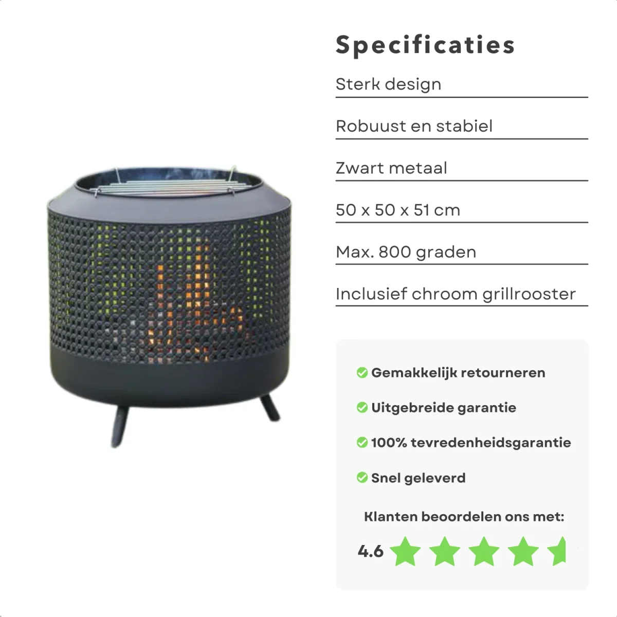 Cheqo® 2-in-1 Vuurkorf met BBQ Rooster - Barbecue - Terrashaard - Houtkachel - Tuinhaard - Terrasverwarming - Vuurkorf - Zwart - Inclusief Rooster - 51cm Hoog - 50cm Diameter - Afbeelding 3