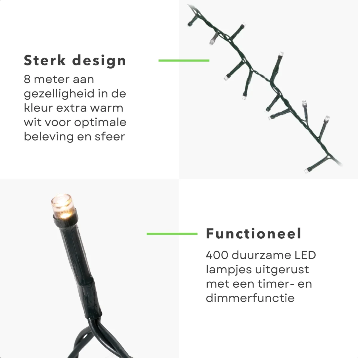Cheqo® Kerstboomverlichting - Micro Clusterverlichting - Kerstlampjes - Led Verlichting - Kerstverlichting voor Binnen en Buiten - 400 LED - 8m - Met Timer en dimmer - Extra Warm Wit - Afbeelding 4