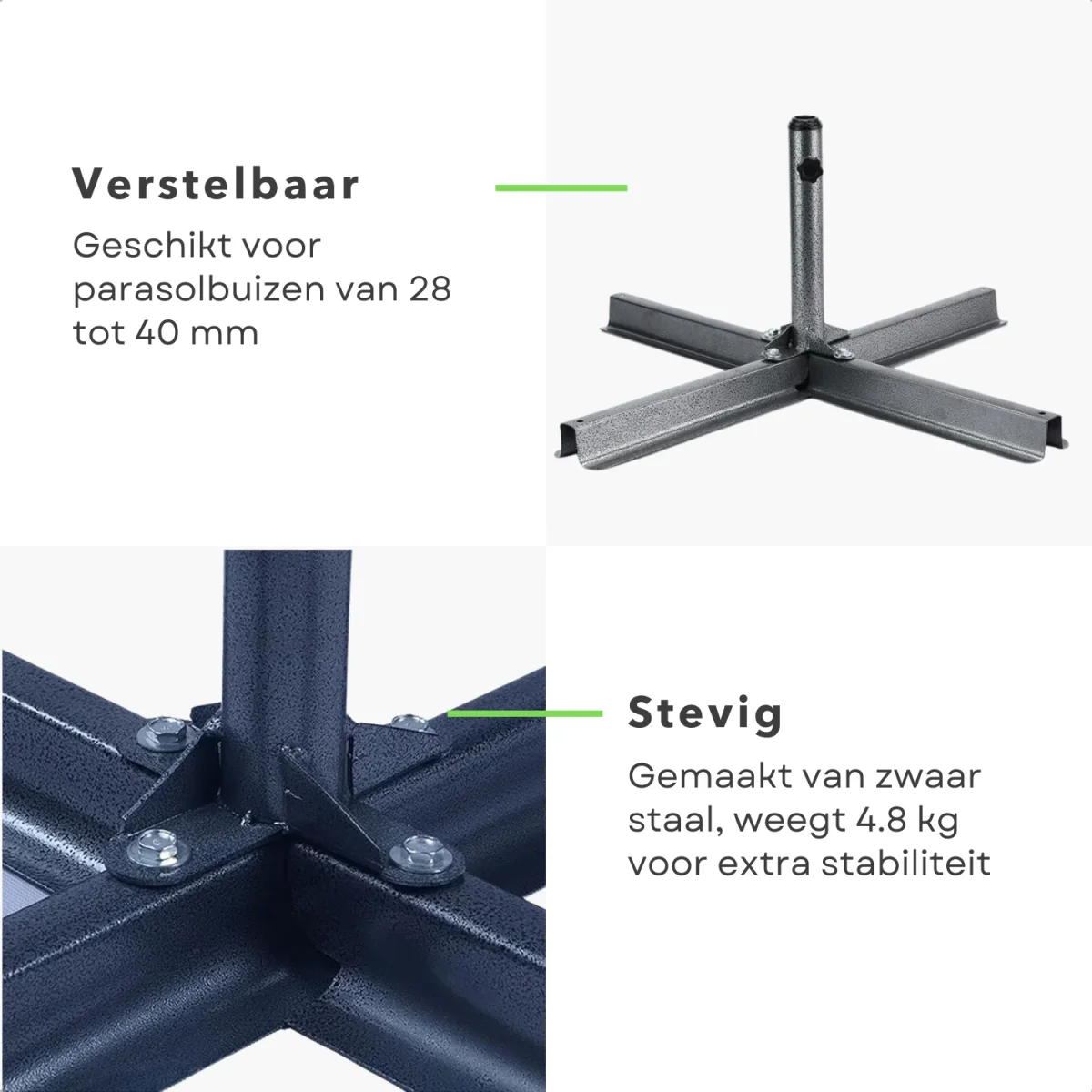 Cheqo® Parasolvoet Metaal - Verstelbare Kruisvoet Standaard - Geschikt voor Grote Parasols - 80x80 cm - Staal - Afbeelding 4
