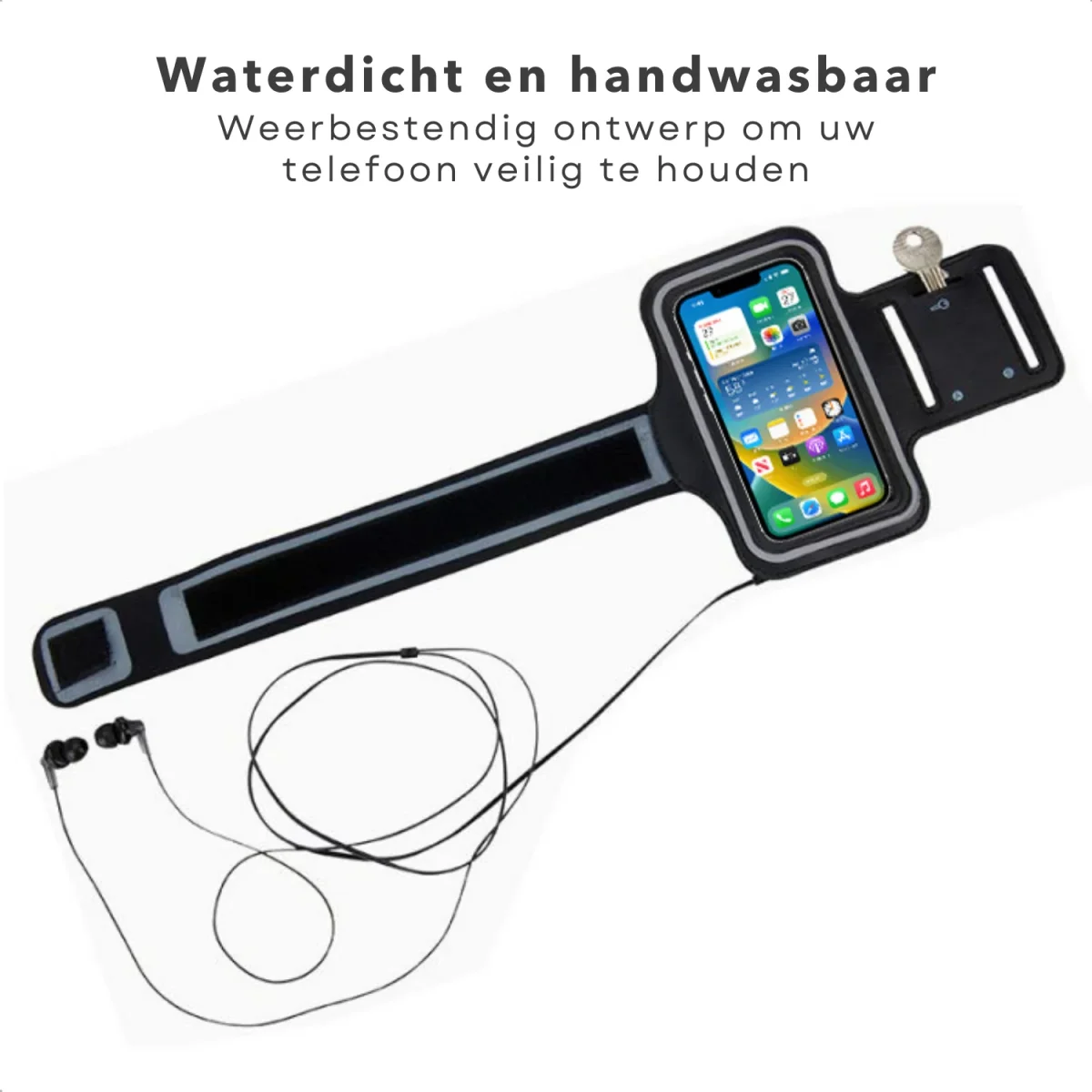 Cheqo® Sport-armband - Neoprene - 7x14 cm - Zwart - Klittenband Bevestiging - Audio-uitgang - Sleutel Opbergvakje - Hardlopen, Fietsen, Fitness - Telefoonhouder - Waterdicht - Sleutel Opbergvakje - Verstelbaar - Unisex - Afbeelding 5