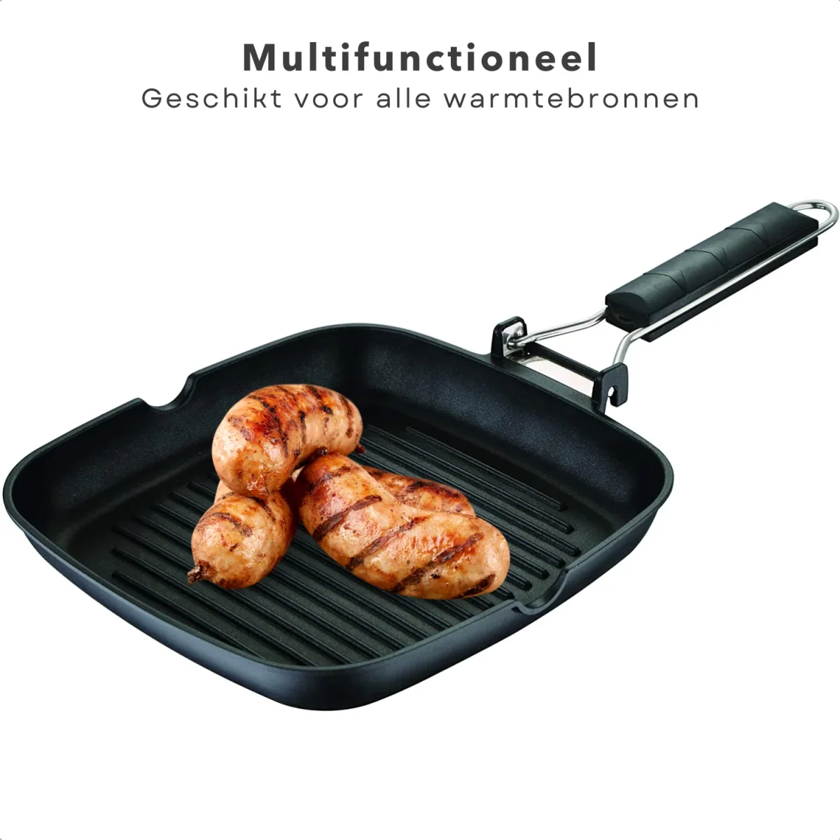 Cheqo® Grillpan Met Inklapbaar Handvat - Gietaluminium - 24x24x3,7 cm - Inductiegeschikt - Vaatwasserbestendig - Lichtgewicht - Ruimtebesparend Design - Voor Alle Warmtebronnen - Steakpan - Warmtebestendige Handgreep - Afbeelding 5