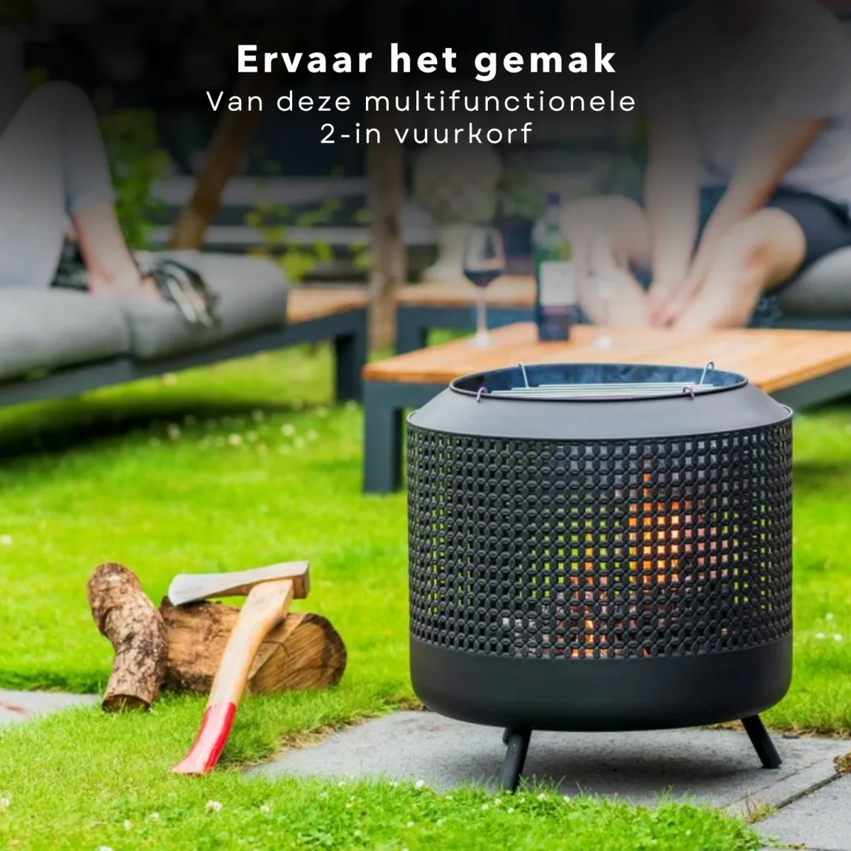 Cheqo® 2-in-1 Vuurkorf met BBQ Rooster - Barbecue - Terrashaard - Houtkachel - Tuinhaard - Terrasverwarming - Vuurkorf - Zwart - Inclusief Rooster - 51cm Hoog - 50cm Diameter - Afbeelding 6