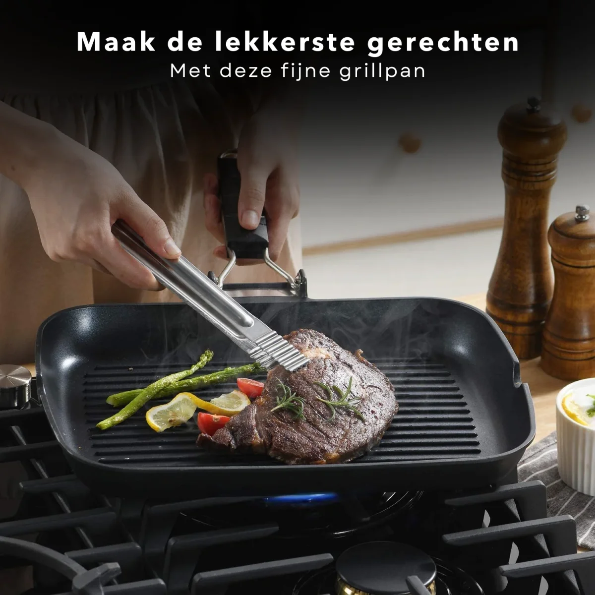 Cheqo® Grillpan Met Inklapbaar Handvat - Gietaluminium - 24x24x3,7 cm - Inductiegeschikt - Vaatwasserbestendig - Lichtgewicht - Ruimtebesparend Design - Voor Alle Warmtebronnen - Steakpan - Warmtebestendige Handgreep - Afbeelding 6