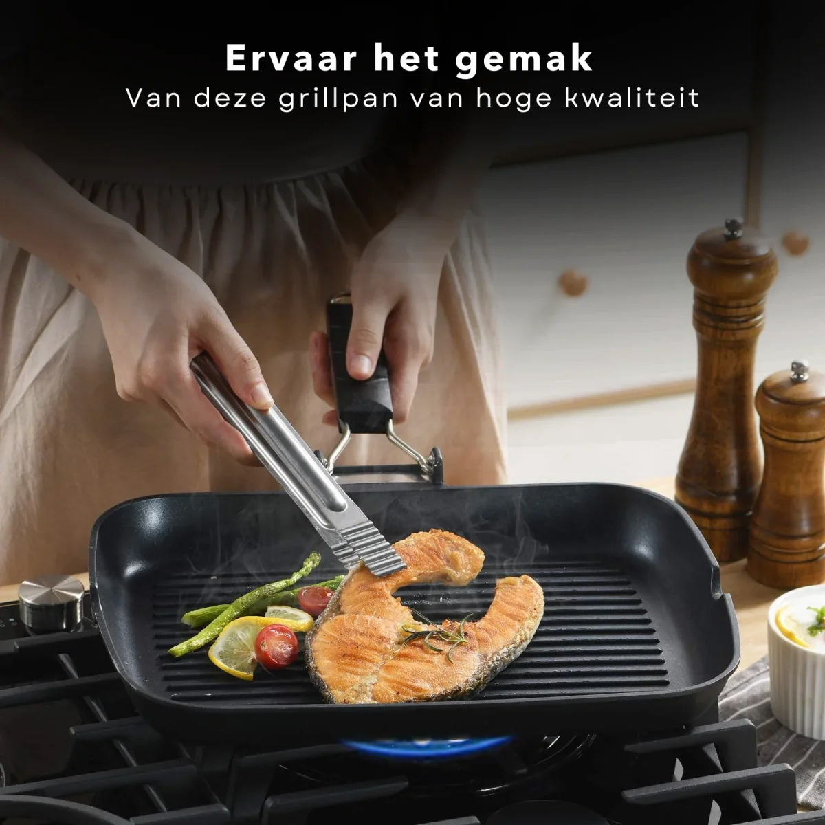 Cheqo® Grillpan Met Inklapbaar Handvat - Gietaluminium - 24x24x3,7 cm - Inductiegeschikt - Vaatwasserbestendig - Lichtgewicht - Ruimtebesparend Design - Voor Alle Warmtebronnen - Steakpan - Warmtebestendige Handgreep - Afbeelding 7