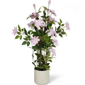 Cheqo® Kunstplant Clematis - Bosrank Klimplant - Hangplant Nepplant - Kunstbloem - Kamerplant voor Binnen - Sierplant - Decoratie - Levensecht in Pot met Bloemen Roze Groen - Muurplant voor Woonkamer Slaapkamer en Kantoor